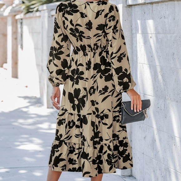 Floral Print Long Sleeve Dress - Beige and Black - Picture 2 of 6
